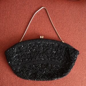 Vintage Simpsons Elegant Black Beaded Evening Clutch with Chain Handle